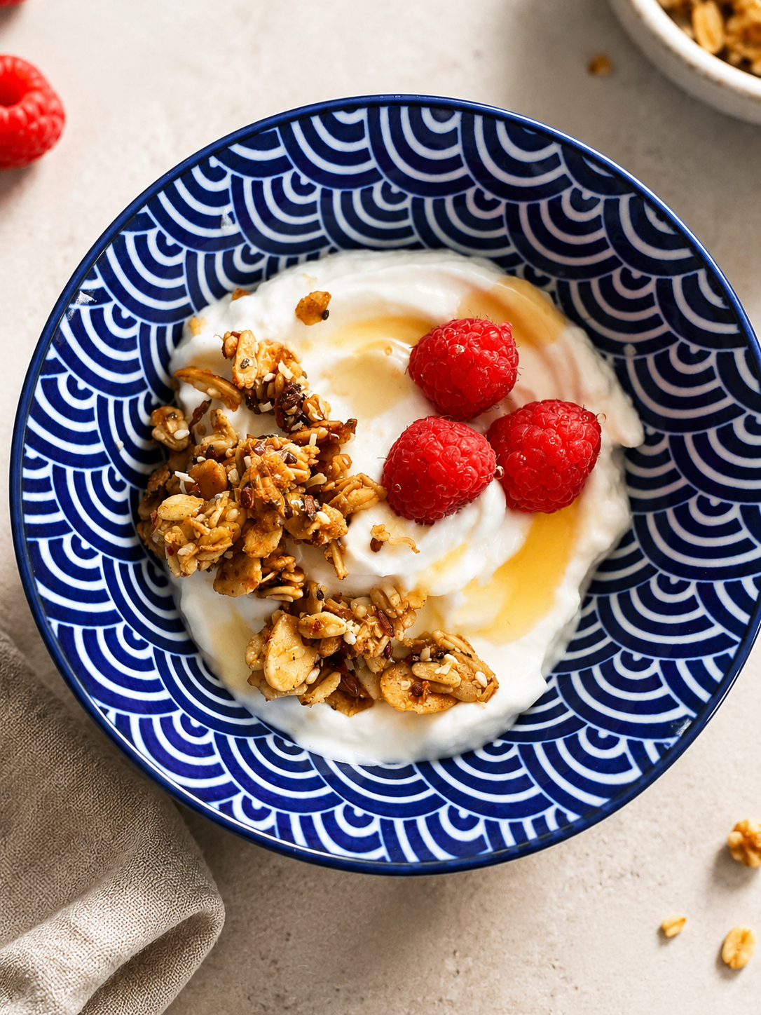 A blue patterned bowl of Greek yogurt topped with Sahha granola, honey, and fresh raspberries