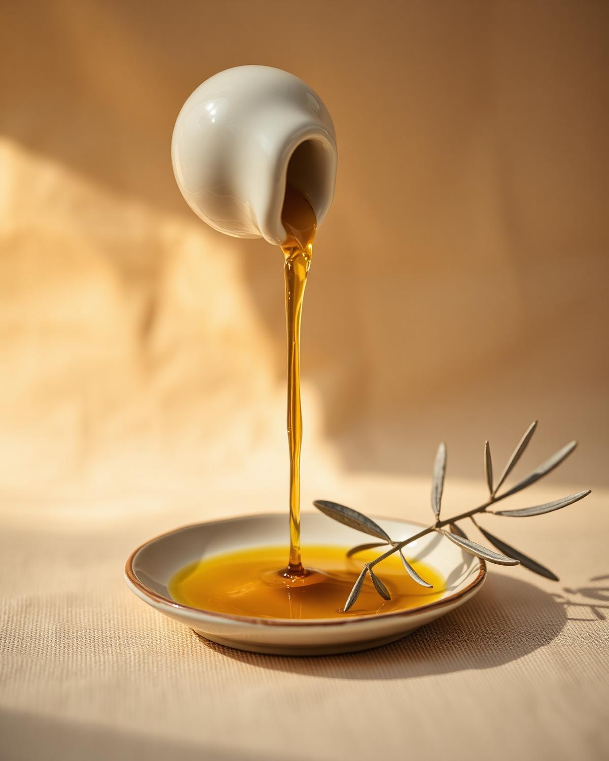 A slow pour of extra virgin olive oil into a ceramic dish