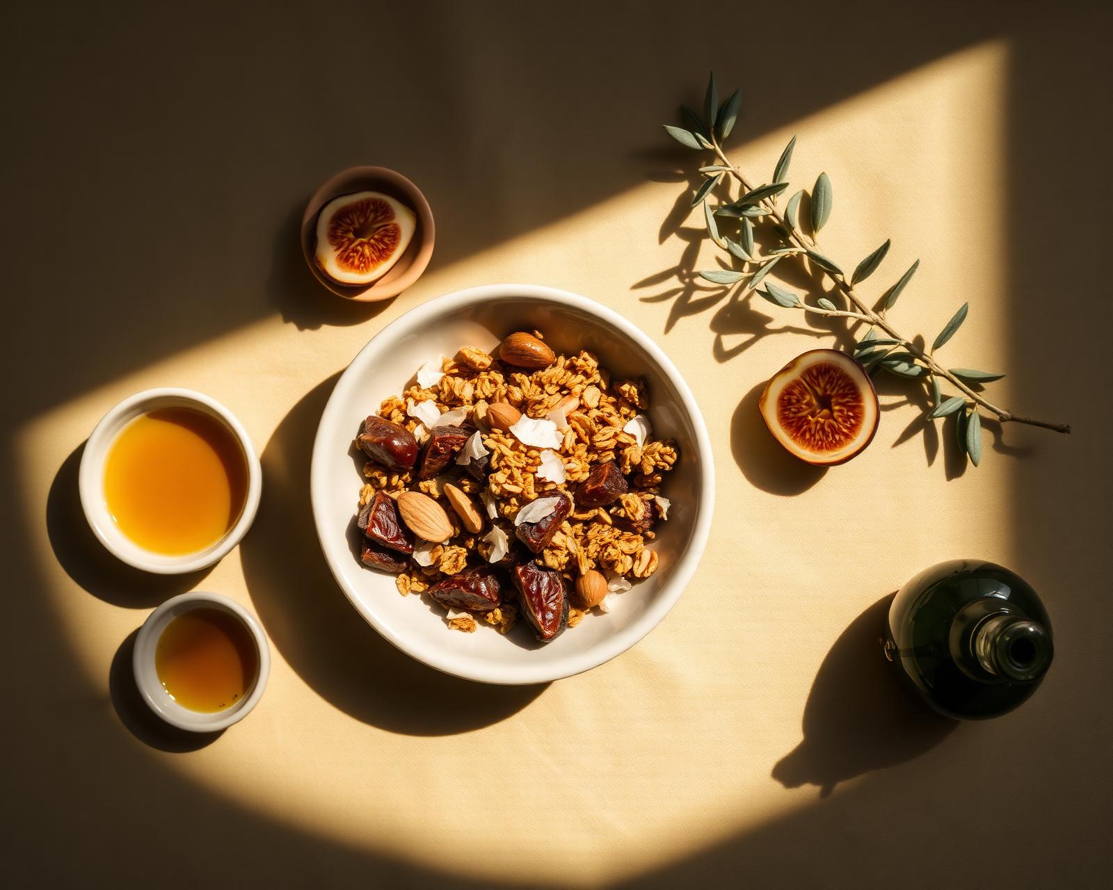 A bowl of Sahha granola with olive branch, figs and honey