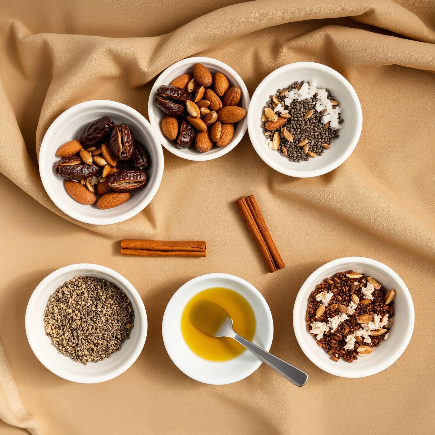 Small ceramic dishes of granola ingredients on linen